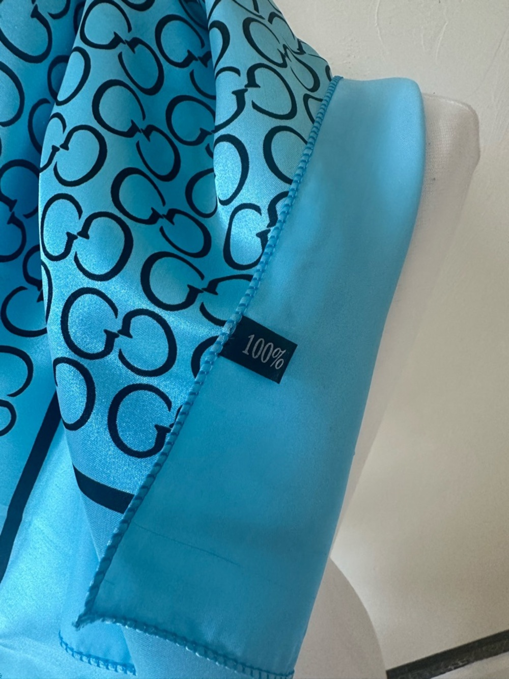 Designer Inspired Monogram Blue Satin Scarf | Euro Summer Coastal Chic Wrap - Picture 2 of 5